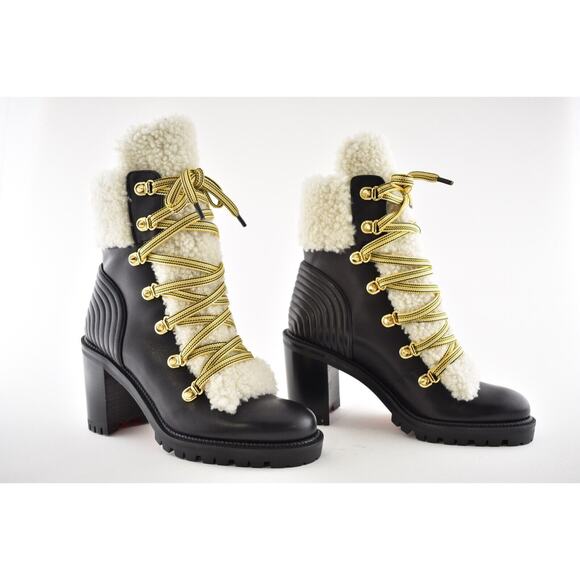 Christian Louboutin Yetita 70 Black Calf Leather Shearling Heel Combat Boot 36 - Picture 2 of 12